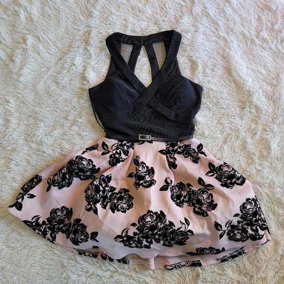 Crystal Doll Mini Dress Womens 3 Black Pink Rose Floral Puff Tulle - Picture 1 of 14